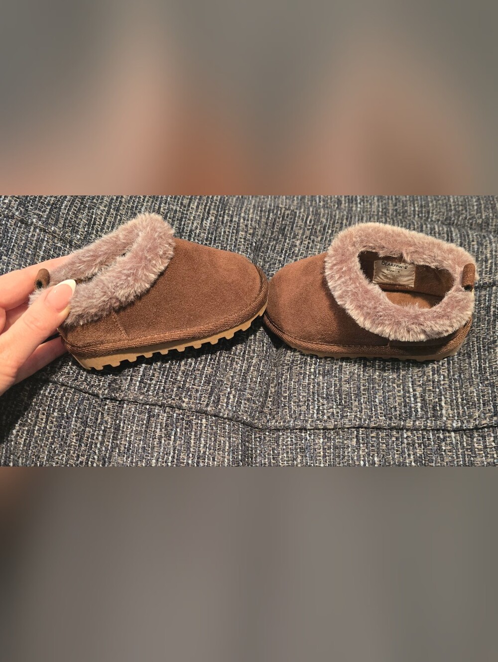 BearPaw Kids Brown Suede Slip-On Booties with Light Brown Faux Fur